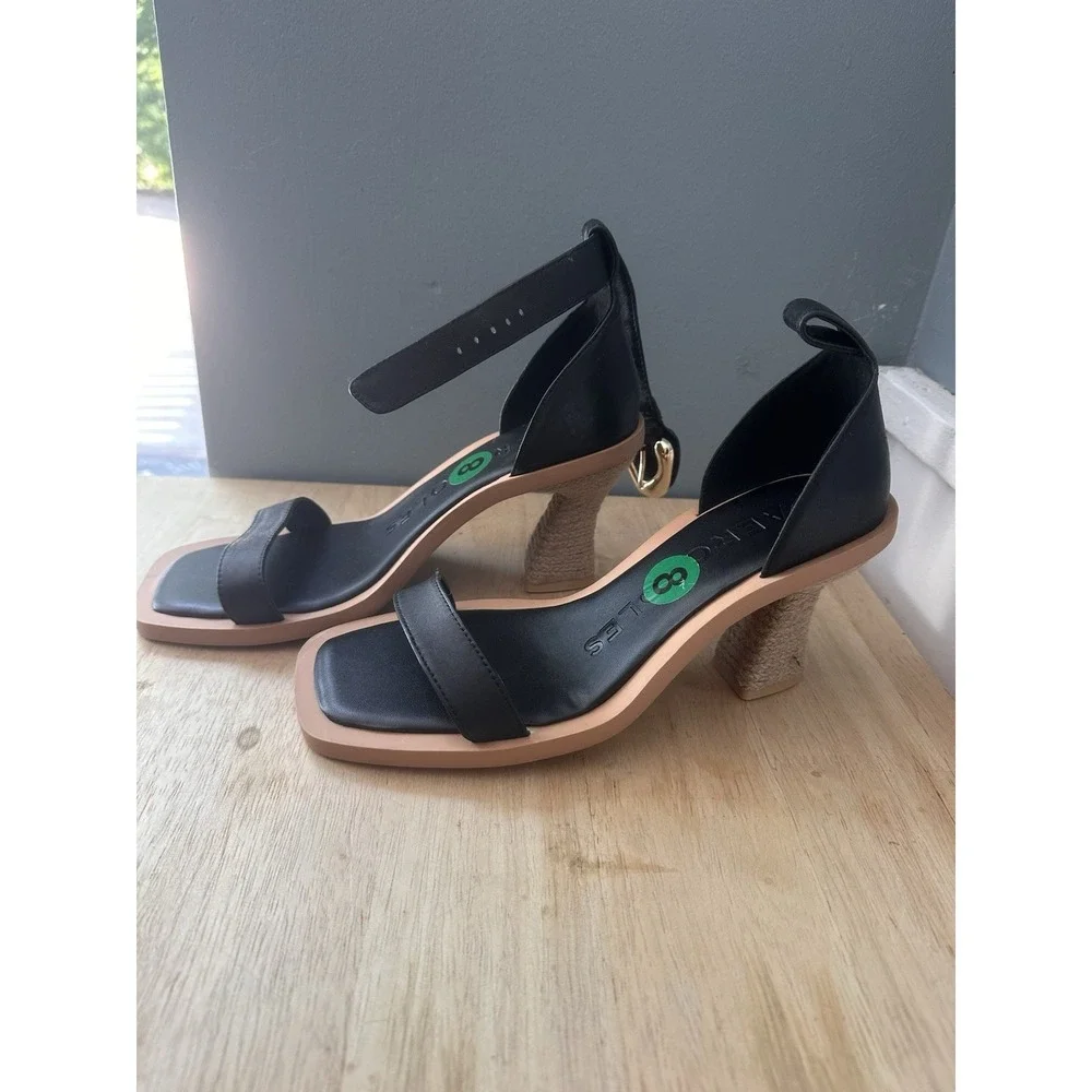 AEROSOLES Women's Size 8 Black Calico Square Toe Ankle Strap Heeled Sandal *READ